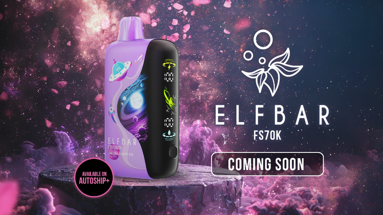 Elf Bar FS70K disposable vape in a purple cosmic scene with logo and ‘Coming Soon’ text, promoting the new 70K‑puff device.