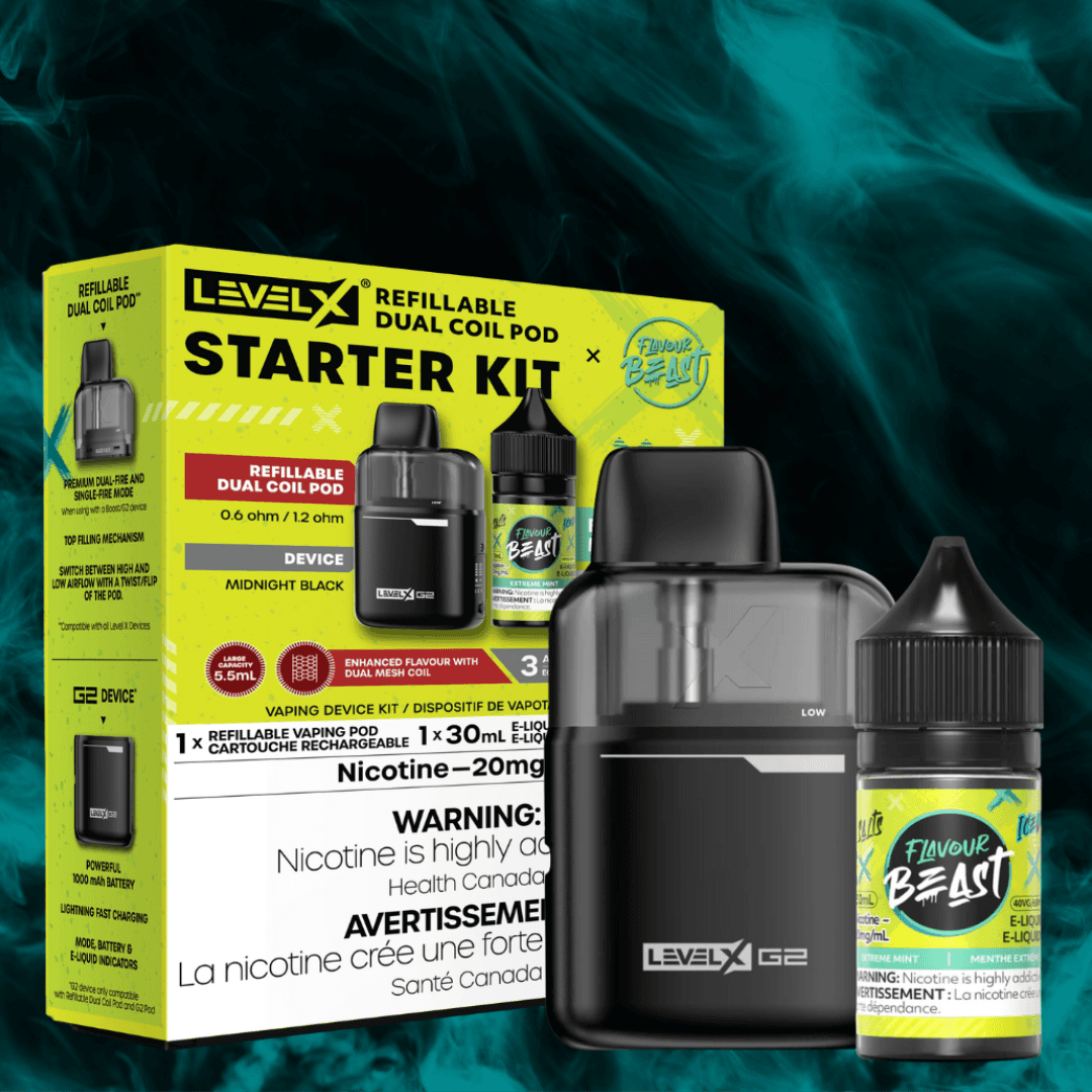 Supa Vapes Level X Starter Kit packaging with dual coil pod and vape juice, ideal for beginners in Canada.