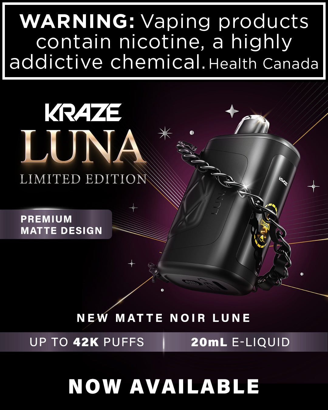 “Kraze Luna 42K disposable vape with leather-textured body, bracelet chain and HD screen, displayed with new Frost flavour branding on a dark luxury background.