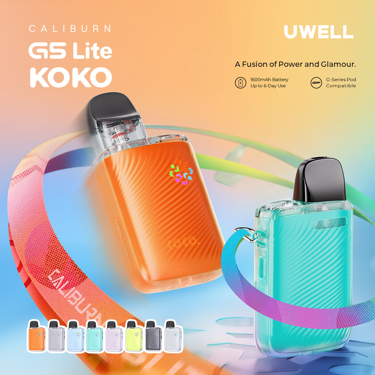 Uwell Caliburn G5 Lite KOKO square pod vape in a two-tone finish, shown with GPP pod installed, highlighting its compact size and top airflow control.