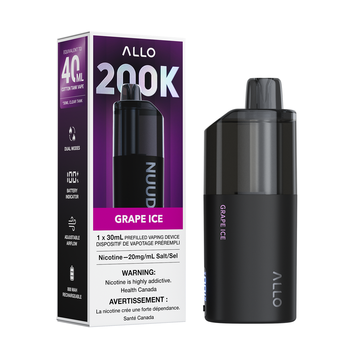 Allo Nuud 200K Disposable Vape 30mL in Grape Ice flavour | Supa Vapes Canada