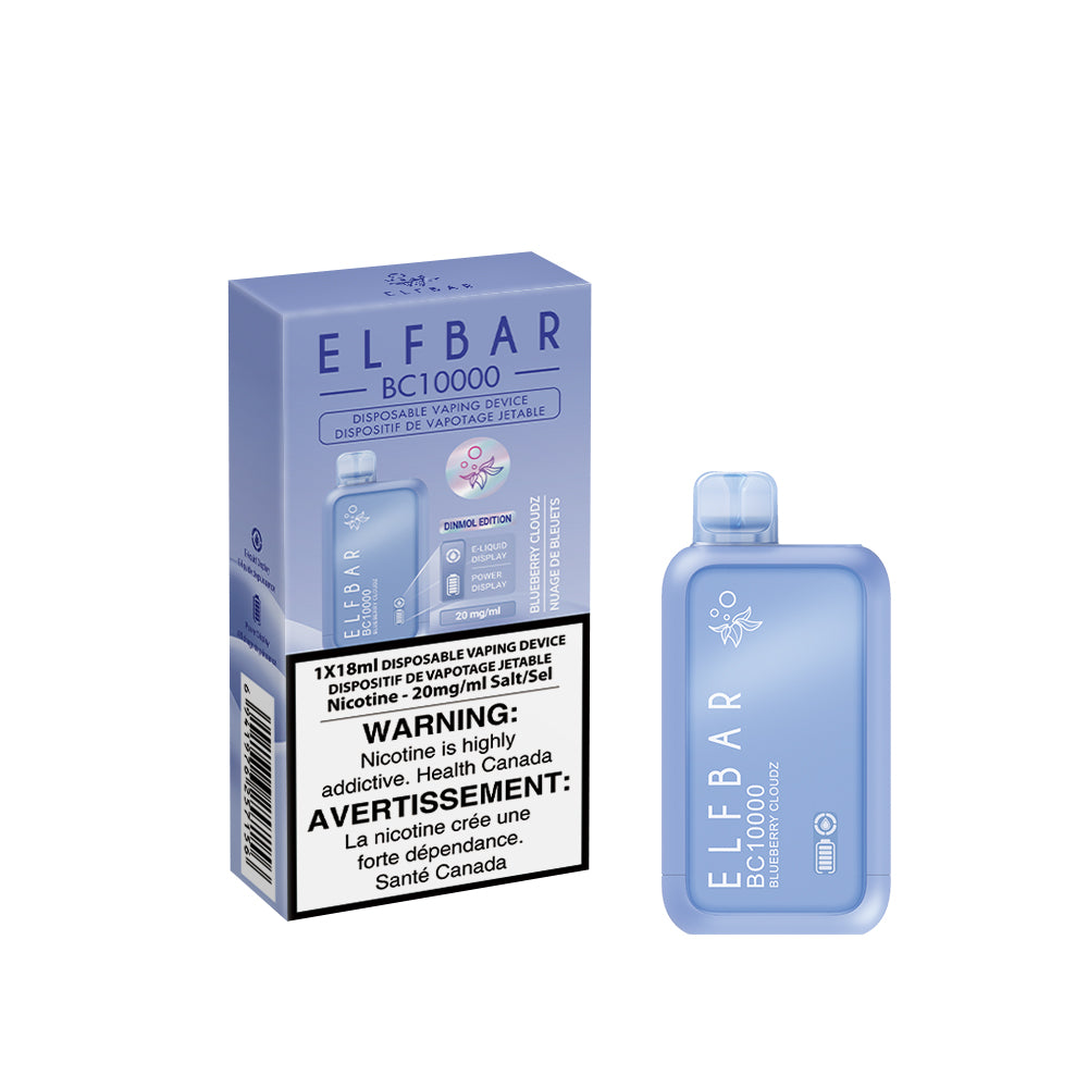 Elf Bar disposable vaping device packaging with warning label on a white background. Blueberry Cloudz