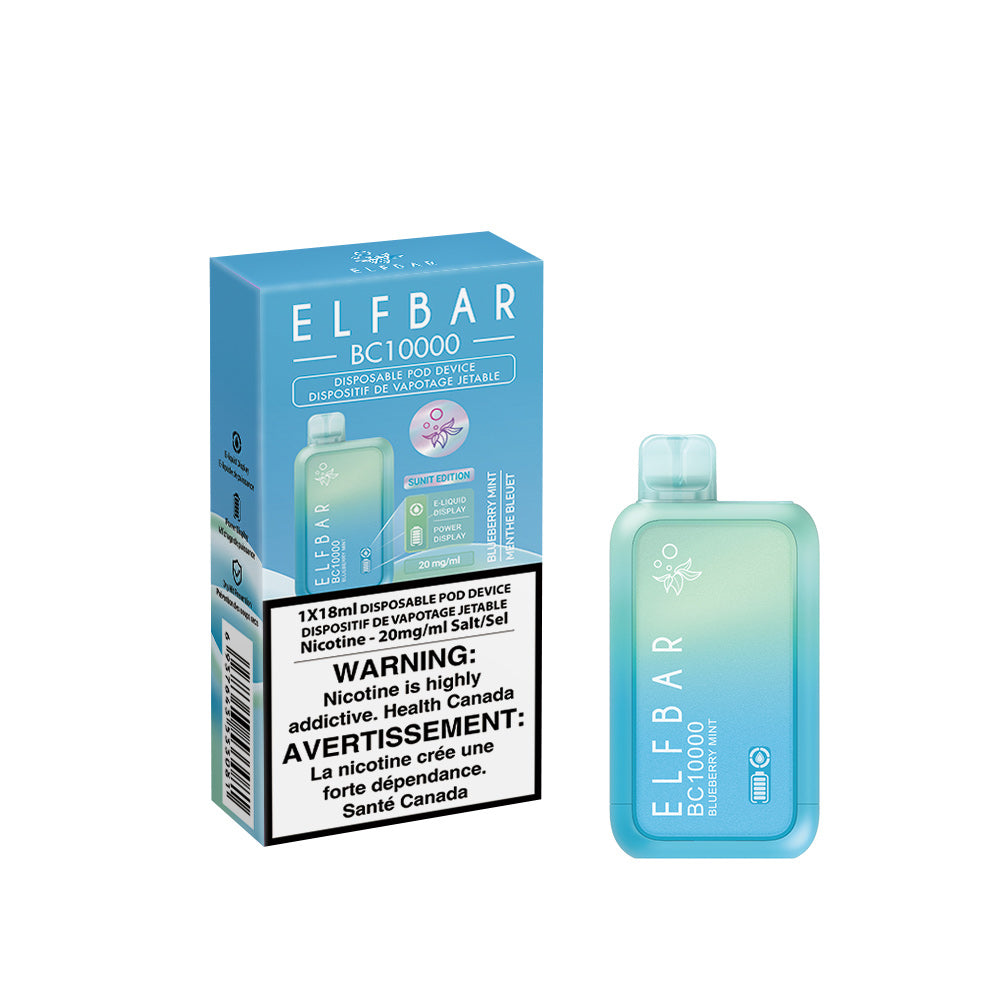 Elf Bar disposable vape device packaging with warning label on a white background. Elf Bar BC10000-Blueberry-Mint
