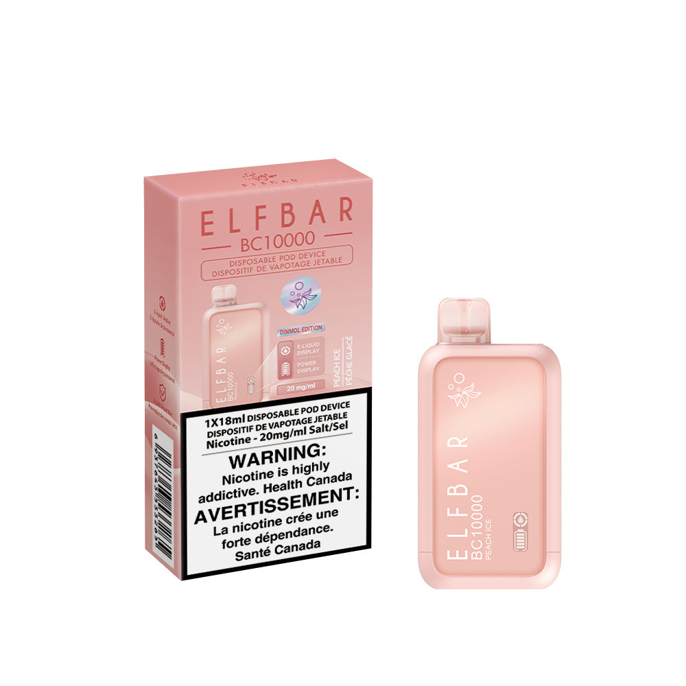 Elf Bar disposable vape device packaging with pink bottle and box on a white background. BC10000-Peach-Ice
