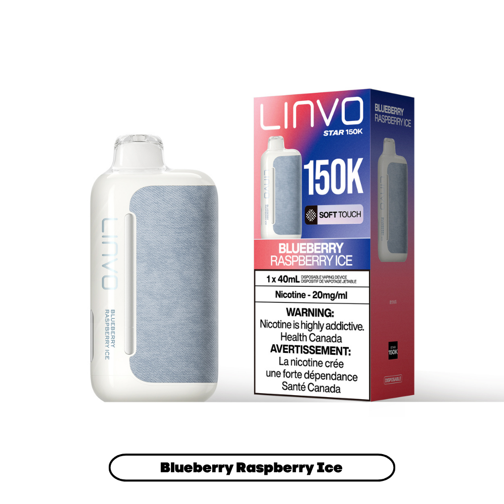Linvo Star 150K disposable vape in Blueberry Raspberry Ice flavour, 150,000 puffs, 20mg salt nicotine, available at Supa Vapes Canada.