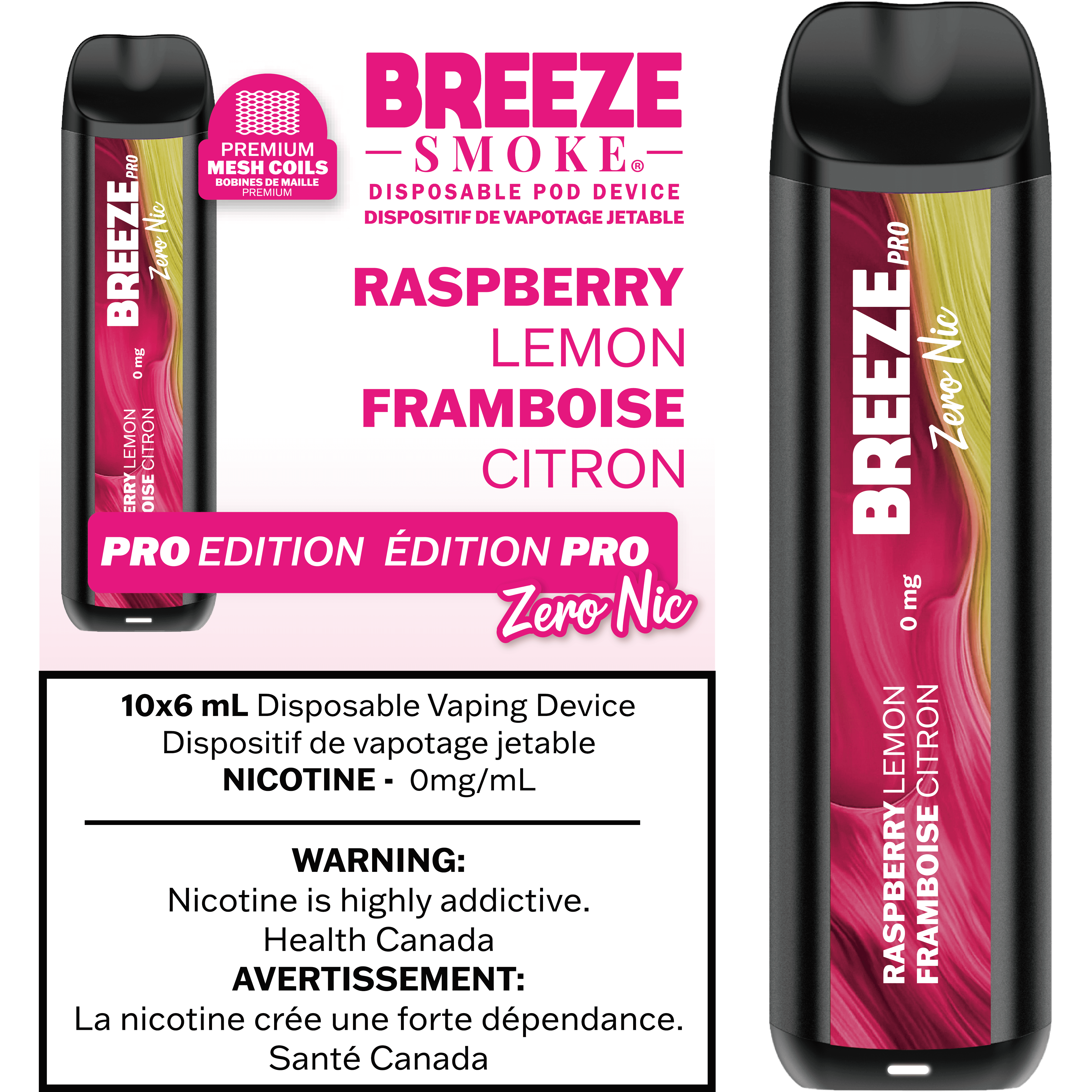 Breeze PRO 0MG, Tropical Summer flavour disposable vape, 0mg nicotine, delivering up to 2,000 puffs of smooth nicotine-free satisfaction, ideal for Ontario and Quebec vapers.