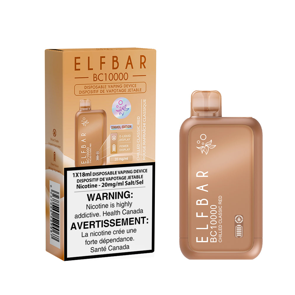 ELF BAR disposable vaping device packaging with warning label on a white background. Elf Bar BC10K Chilled-Classic-Red