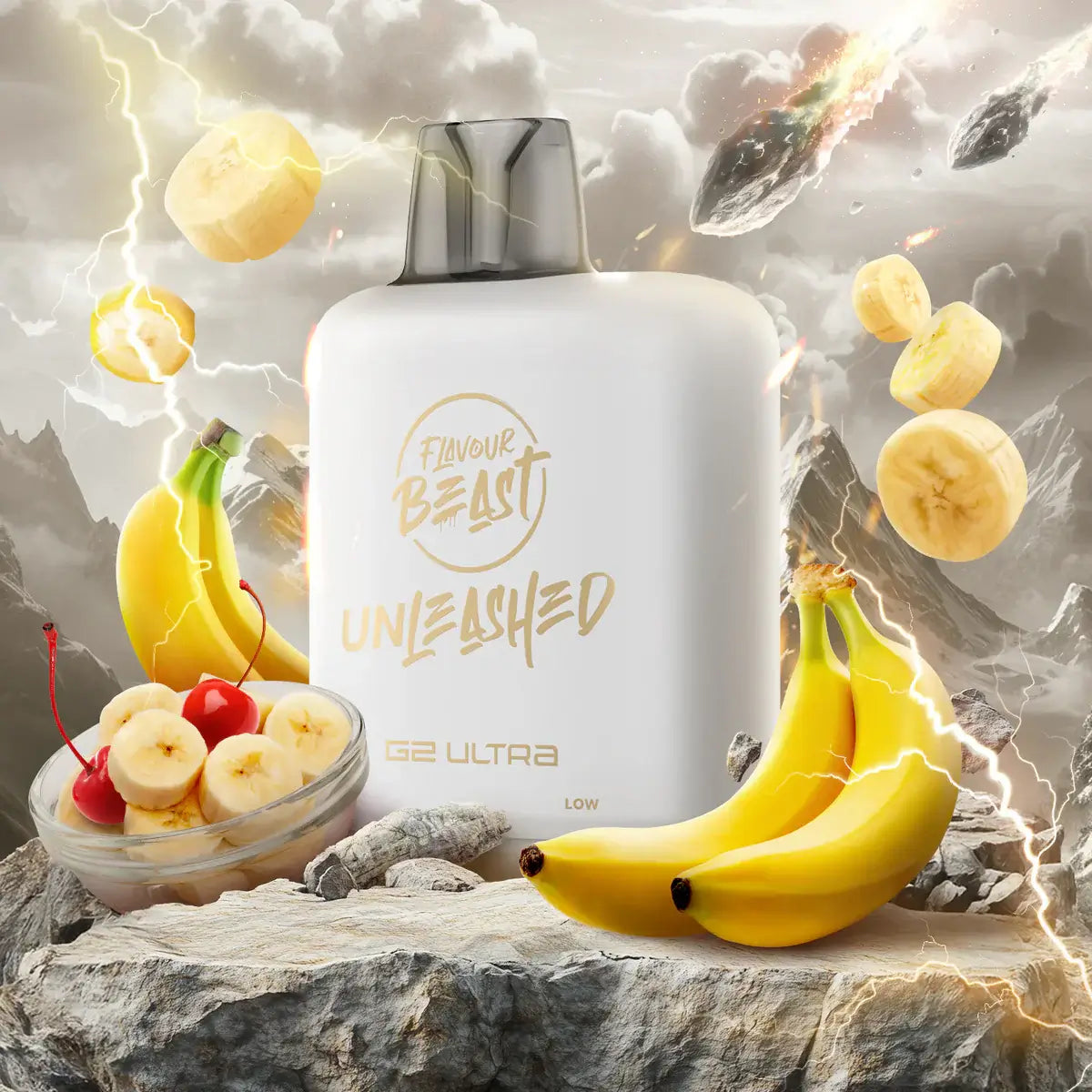 Flavour Beast Level X Unleashed Ultra G2 Pods with bananas and cherries in a vibrant background