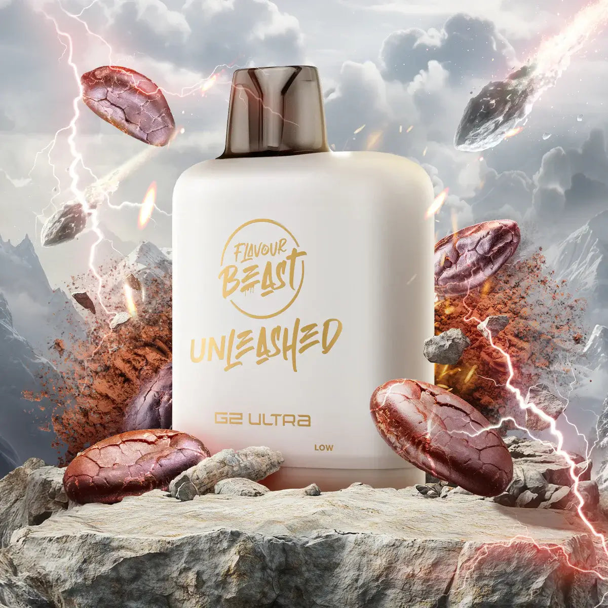 Flavour Beast Level X Unleashed Ultra G2 Pods with a striking background featuring rocks and dramatic lighting.
