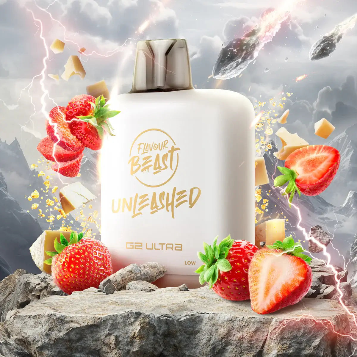 Flavour Beast Level X Unleashed Ultra G2 Pods with strawberries and rocky background