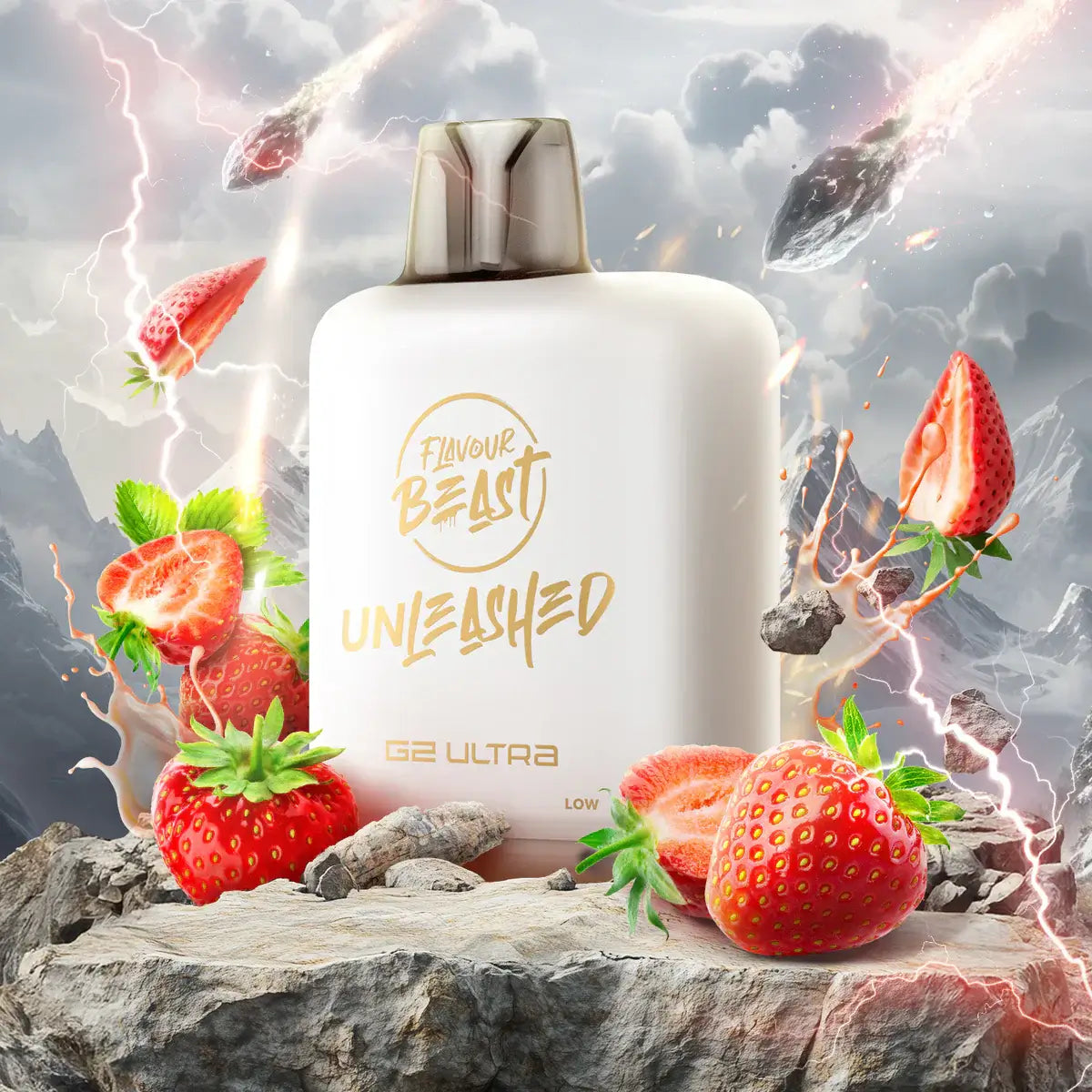 Flavour Beast Level X Unleashed Ultra G2 Pods with strawberries and dramatic background.