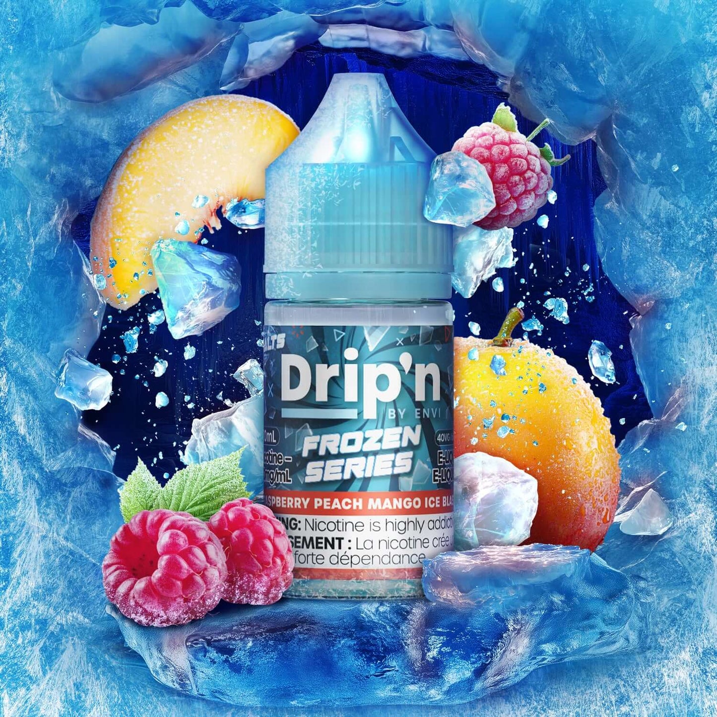DRIP'N by Envi Frozen Series Salt (30ML) Raspberry Peach Mango Ice Blast - icy fruit-infused nicotine salt from the Frozen Series, available in Hawkesbury, Ottawa, and across Ontario.