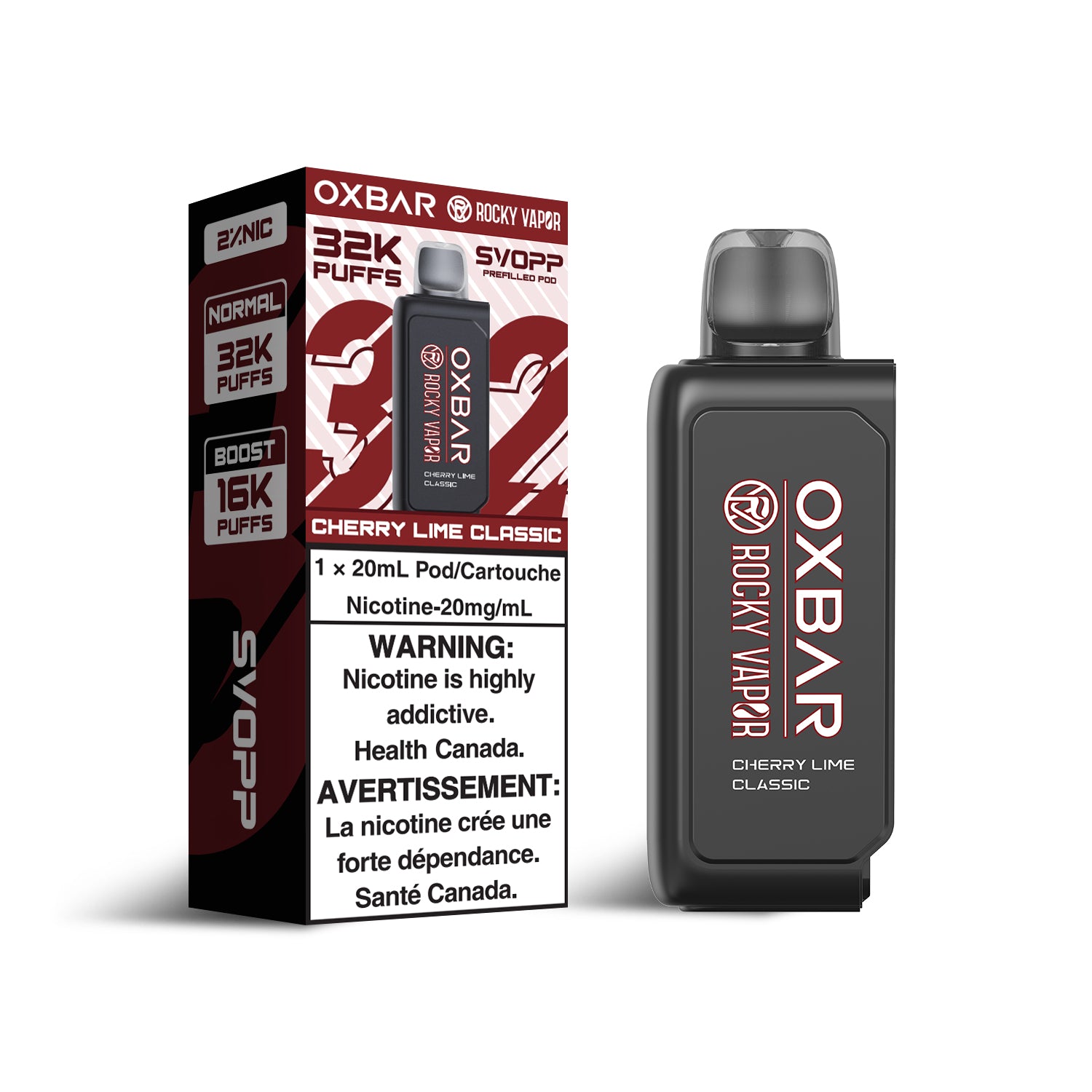 SVOPP Rocky Vapor OXBAR 32K, Strawberry Watermelon flavour, 32,000 puff capacity, adjustable airflow, dual mesh coils for rich vapor and flavor, designed for Ontario and Quebec vapers.