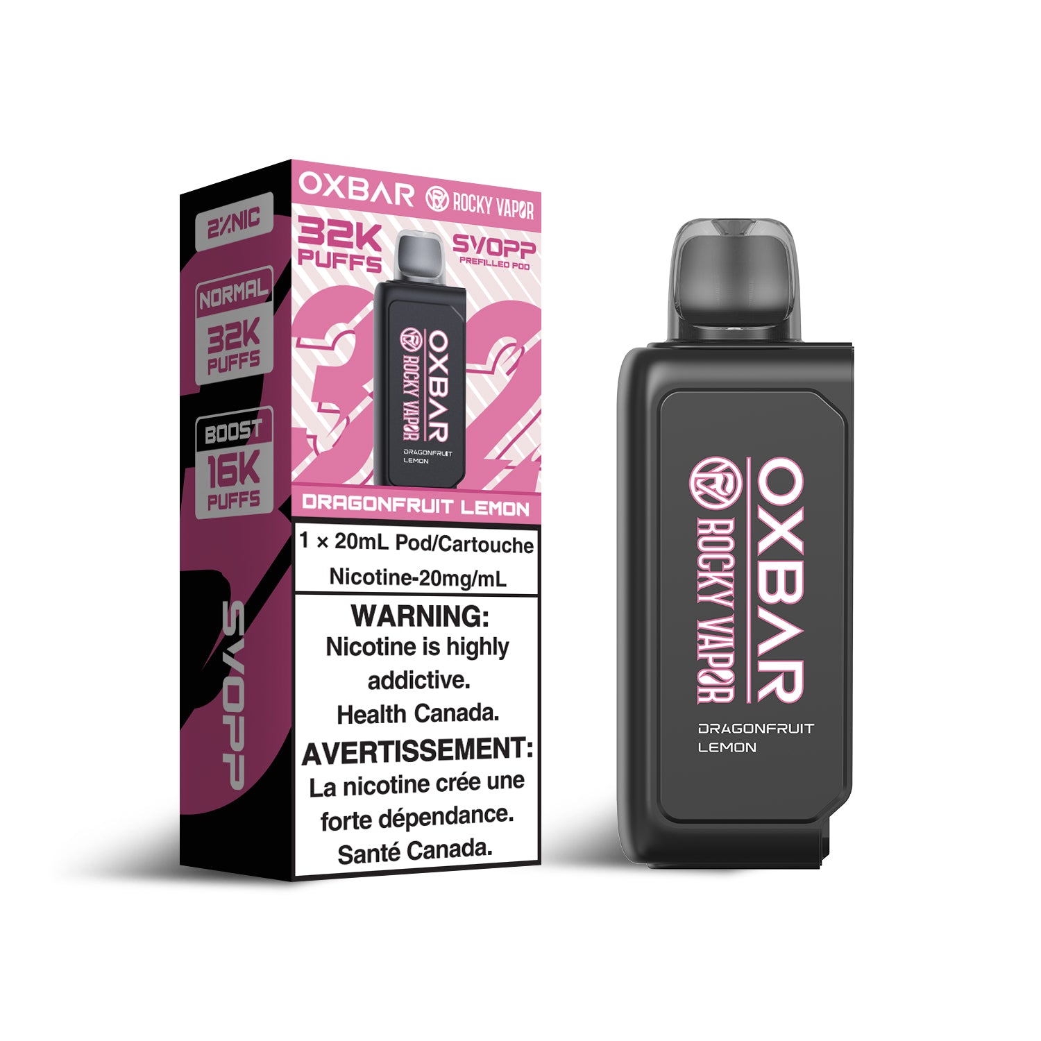 SVOPP Rocky Vapor OXBAR 32K, Sour Raspberry flavour, intense smooth vapor production, customizable options, ideal for Ontario and Quebec vapers.