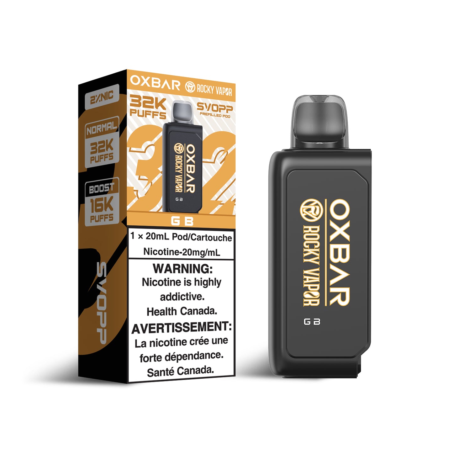 SVOPP Rocky Vapor OXBAR 32K, Route flavor, high-capacity disposable vape with adjustable airflow and wattage, ideal for vapers in Ontario and Quebec.