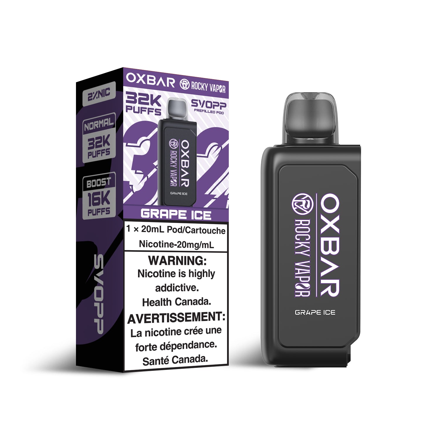SVOPP Rocky Vapor OXBAR 32K Peach Mango Ice flavour, smooth tropical blend, nicotine options available, 32,000 puffs disposable vape, designed for long-lasting satisfaction for vapers in Ontario and Quebec.