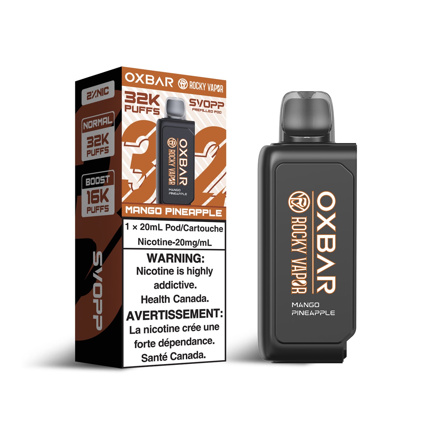 SVOPP Rocky Vapor OXBAR 32K, Peach Ice flavour, adjustable wattage and airflow for custom vaping experience, designed for Ontario and Quebec vapers.