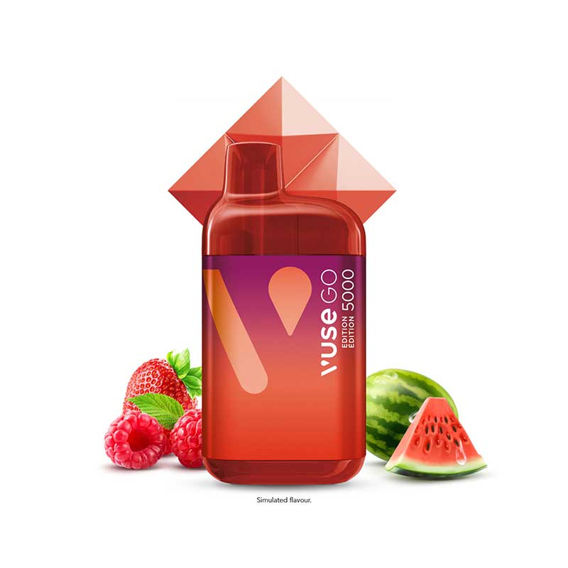 VUSE Go 5000 Peach Ice disposable vape, 20 mg/mL nicotine rechargeable device, Peach Ice flavour, ideal for Ontario and Quebec vapers on the go.