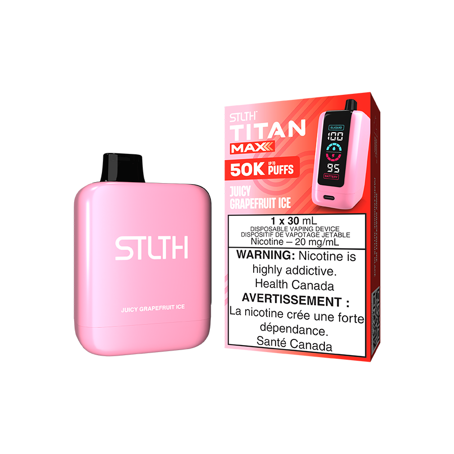 STLTH Titan MAX 50K, Juicy Grapefruit Ice flavour with quad mesh coil, LED display, adjustable airflow, superior vaping experience, designed for Ontario and Quebec users.