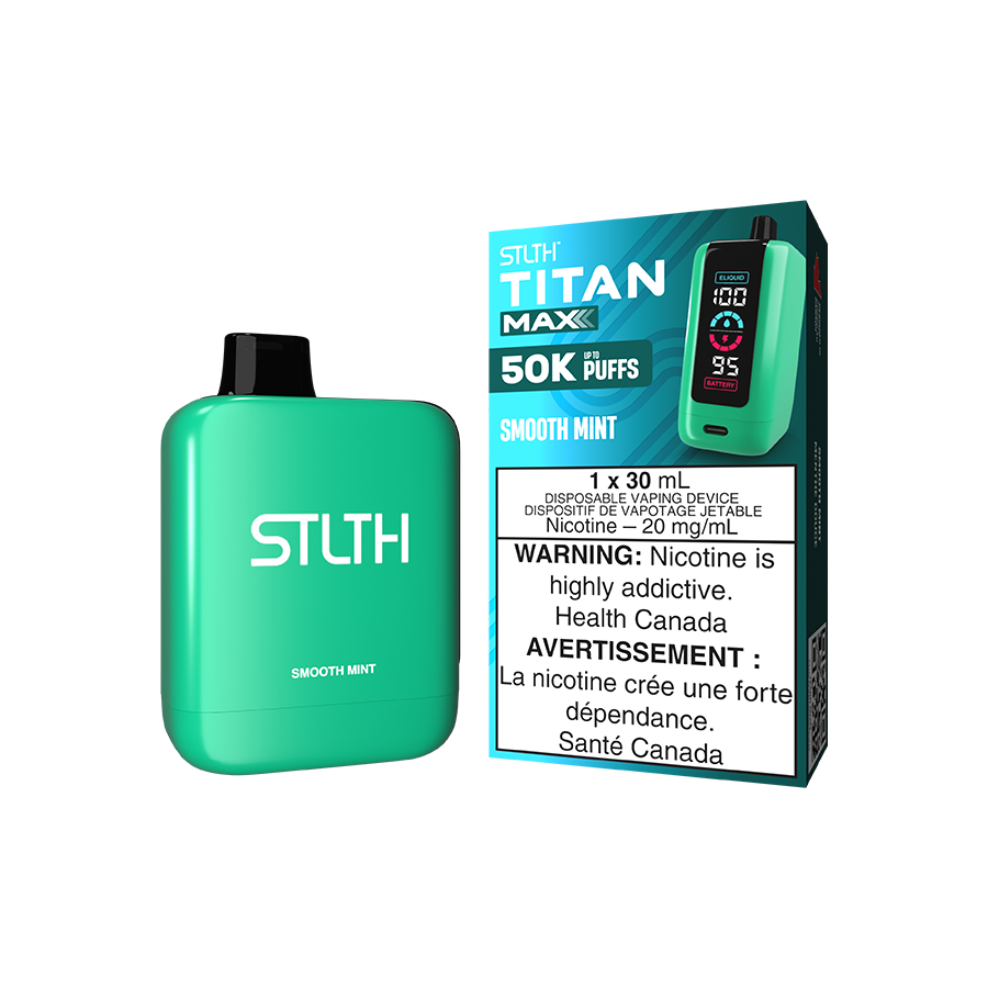 STLTH Titan MAX 50K Smooth Mint flavour vape device with adjustable airflow and LED screen displaying real-time battery and e-liquid levels, designed for Ontario and Quebec vape users.