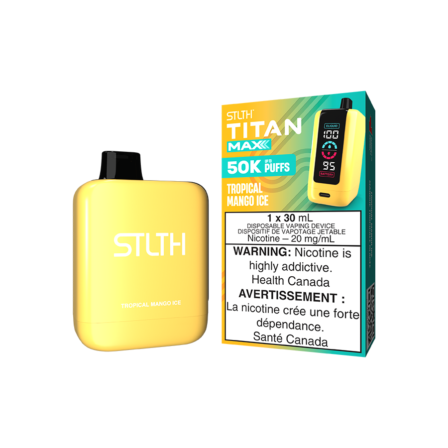 STLTH Titan MAX 50K Tropical Mango Ice flavour disposable vape with quad mesh coil, USB-C charging, and precise airflow control, designed for Ontario and Quebec vapers.