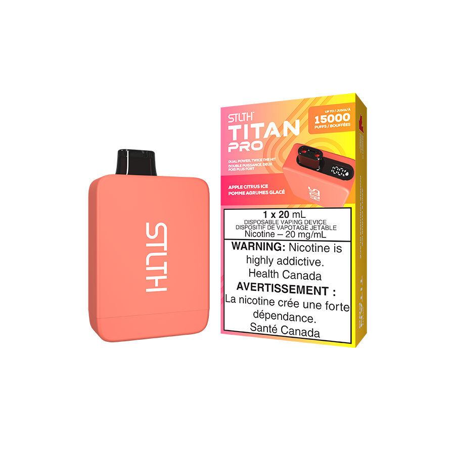 STLTH Titan PRO, Apple Citrus Ice flavour, dual mesh coils with adjustable airflow for smooth and robust hits, designed for vaping enthusiasts in Ontario and Quebec.