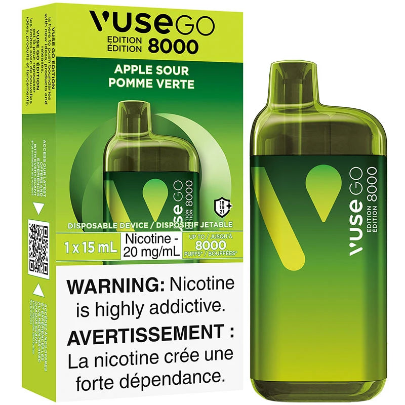 VUSE Go 8000, Apple Sour flavour, disposable vape with up to 8000 puffs, superior ceramic coil technology for smooth and flavorful vaping, ideal for Ontario and Quebec users.