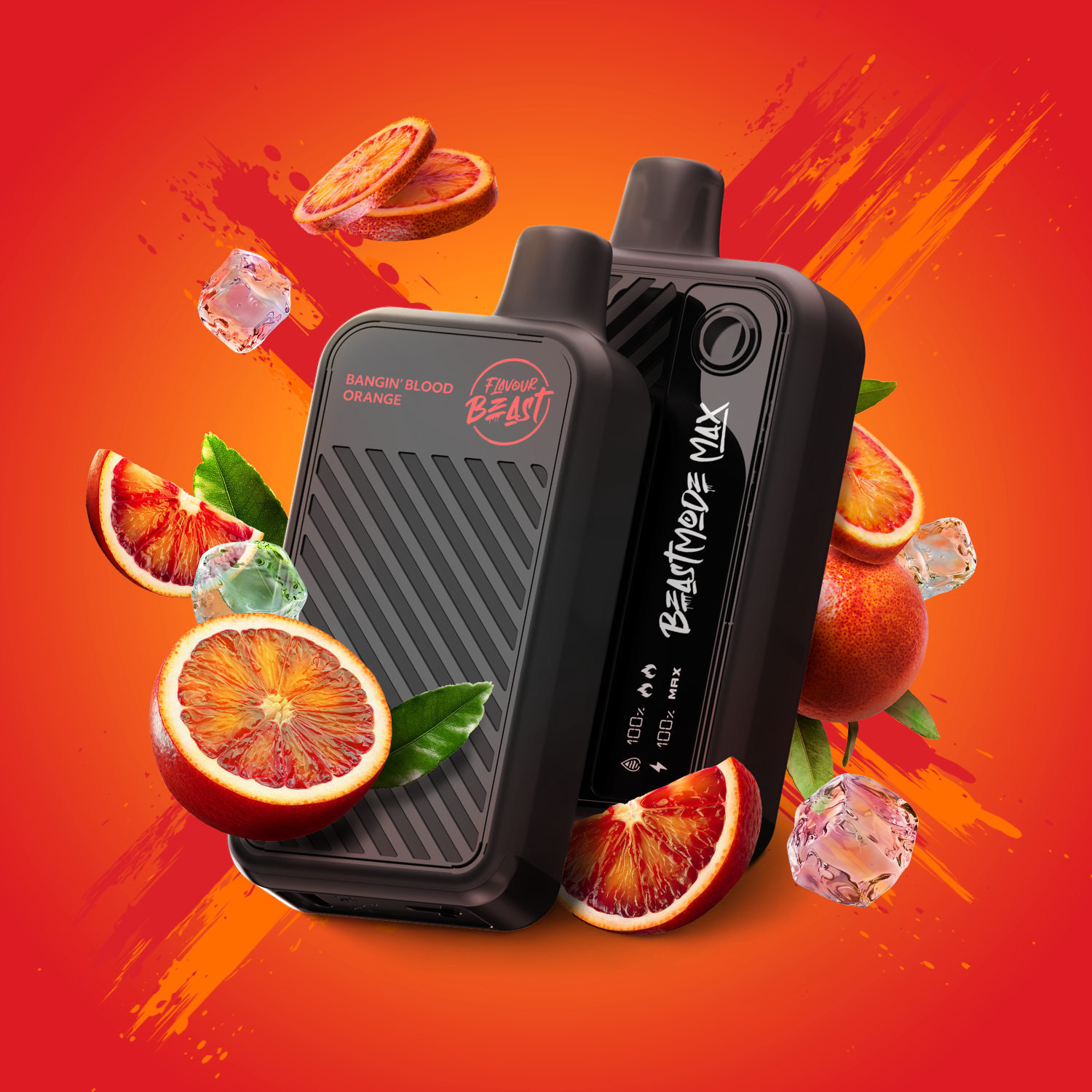 Flavour Beast Beast Mode MAX, Bangin Blood Orange Iced flavour, powerful rechargeable battery with three vaping modes, designed for Ontario and Quebec vape enthusiasts.