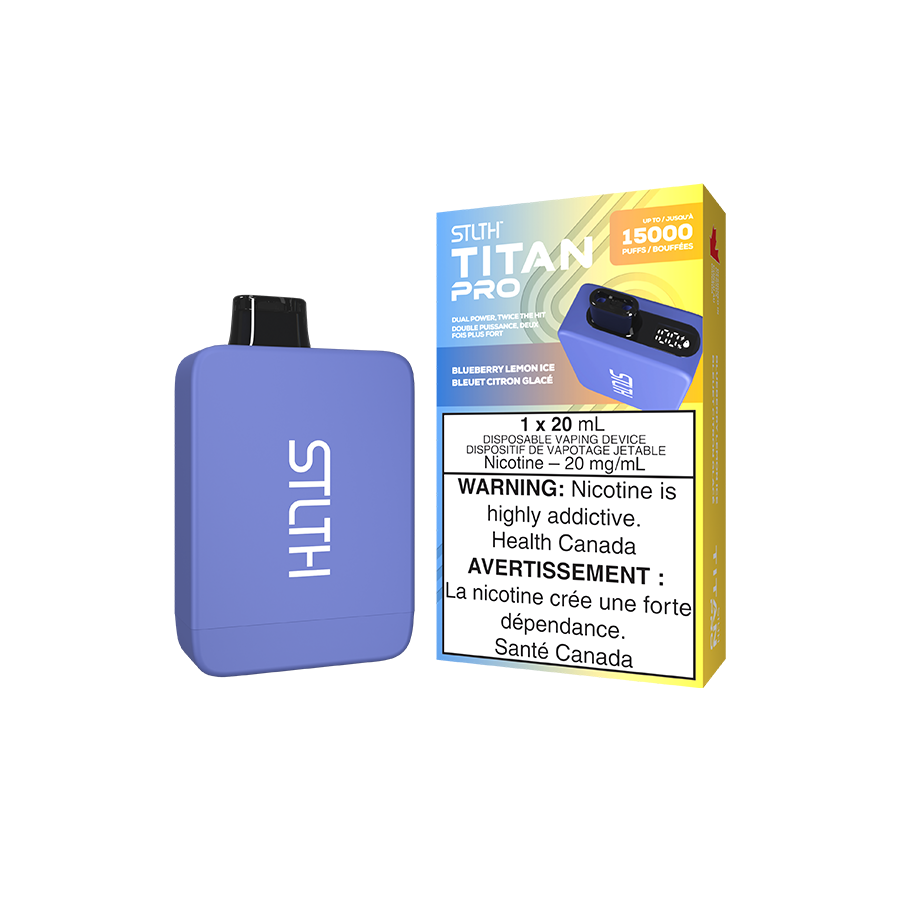 STLTH Titan PRO, Blueberry Lemon Ice flavour, powerful dual mesh coils with adjustable airflow for smooth, intense hits, ideal for Ontario and Quebec vapers.