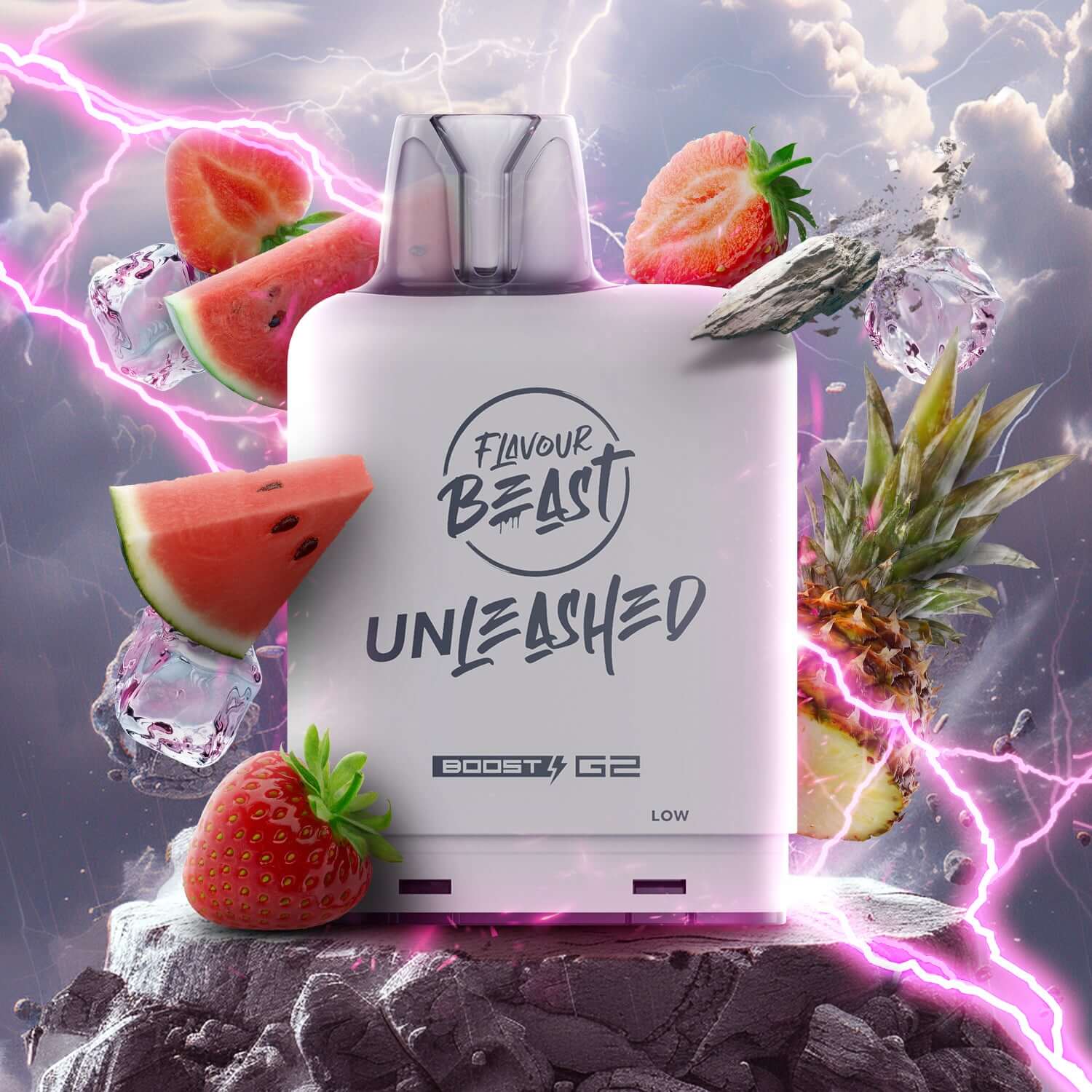 Flavour Beast Level X Unleashed Boost G2 Pod 25K, Epic Red Lightning Ice flavour pod, powerful 23W Boost Mode, 25,000 puffs capacity, enhanced vaping experience, ideal for Ontario and Quebec vapers.