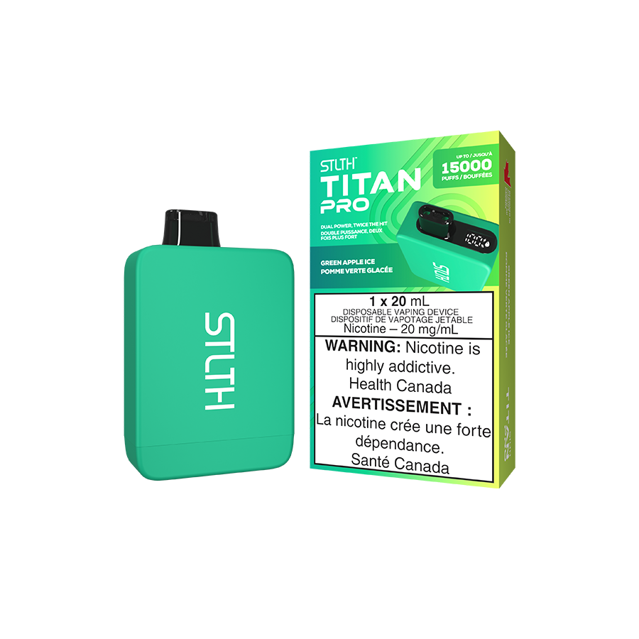 STLTH Titan PRO, Green Apple Ice flavour, dual mesh coils with adjustable airflow for enhanced flavour and smooth vaping experience, designed for Ontario and Quebec vapers.