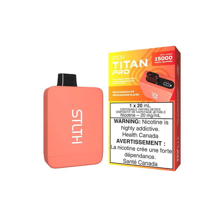 STLTH Titan PRO, Peach Banana Ice flavour, smooth fruity vaping experience with 20mg/mL nicotine strength, ideal for Ontario and Quebec vapers.
