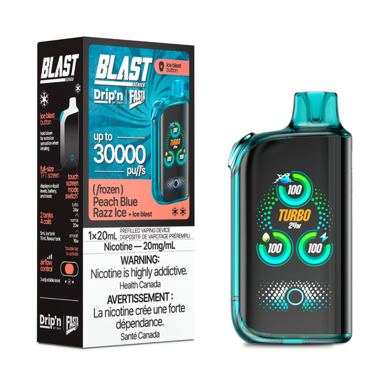 DRIP'N Fasta Blast 30K, Spearmint Blast Ice flavour, adjustable cooling and nicotine options, refreshing vaping experience for Ontario and Quebec users.