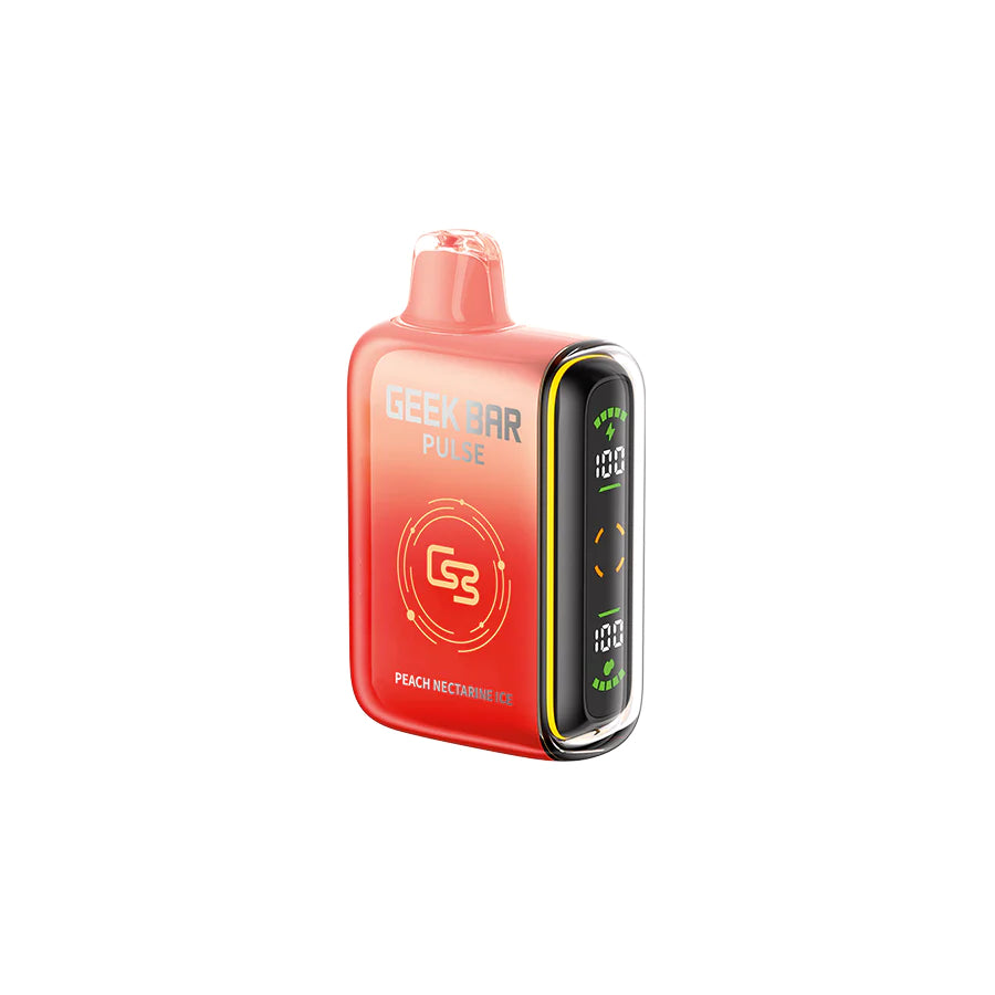 Geek Bar Pulse 9K Peach Passion Ice flavour disposable vape with up to 9000 puffs, LED screen, adjustable airflow, and Boost Mode for Ontario and Quebec vapers.