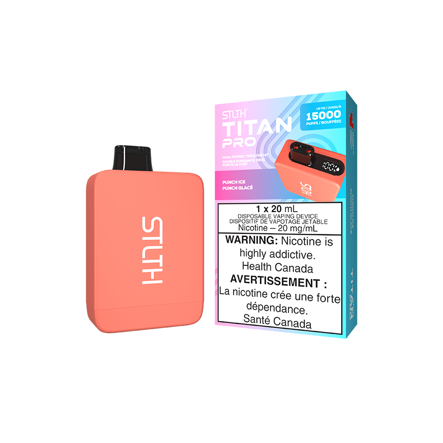 STLTH Titan PRO, Punch Ice flavour, dual mesh coil technology for smooth and intense nicotine satisfaction, designed for Ontario and Quebec vapers.