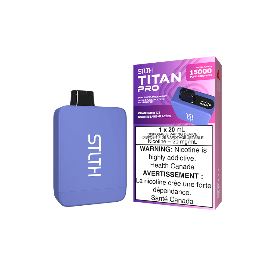 STLTH Titan PRO, Quad Berry Ice flavour, dual mesh coils for powerful hits and smooth vaping experience, designed for Ontario and Quebec vapers.