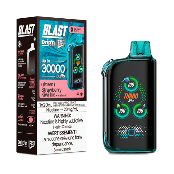 DRIP'N Fasta Blast 30K, Mint Ice flavour with adjustable cooling, up to 30,000 puffs, long battery life vape device, perfect for Ontario and Quebec vape enthusiasts.