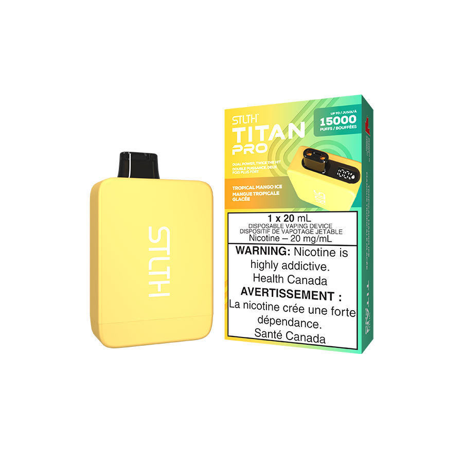 STLTH Titan PRO, Tropical Mango Ice flavour, dual mesh coils, adjustable airflow, rechargeable battery, premium vaping experience for Ontario and Quebec.