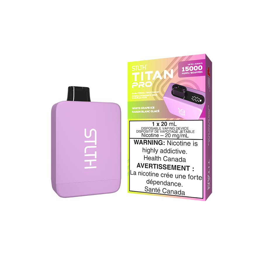 STLTH Titan PRO, White Grape Ice flavour, dual mesh coils with adjustable airflow, delivering smooth and powerful hits, ideal for vapers in Ontario and Quebec.