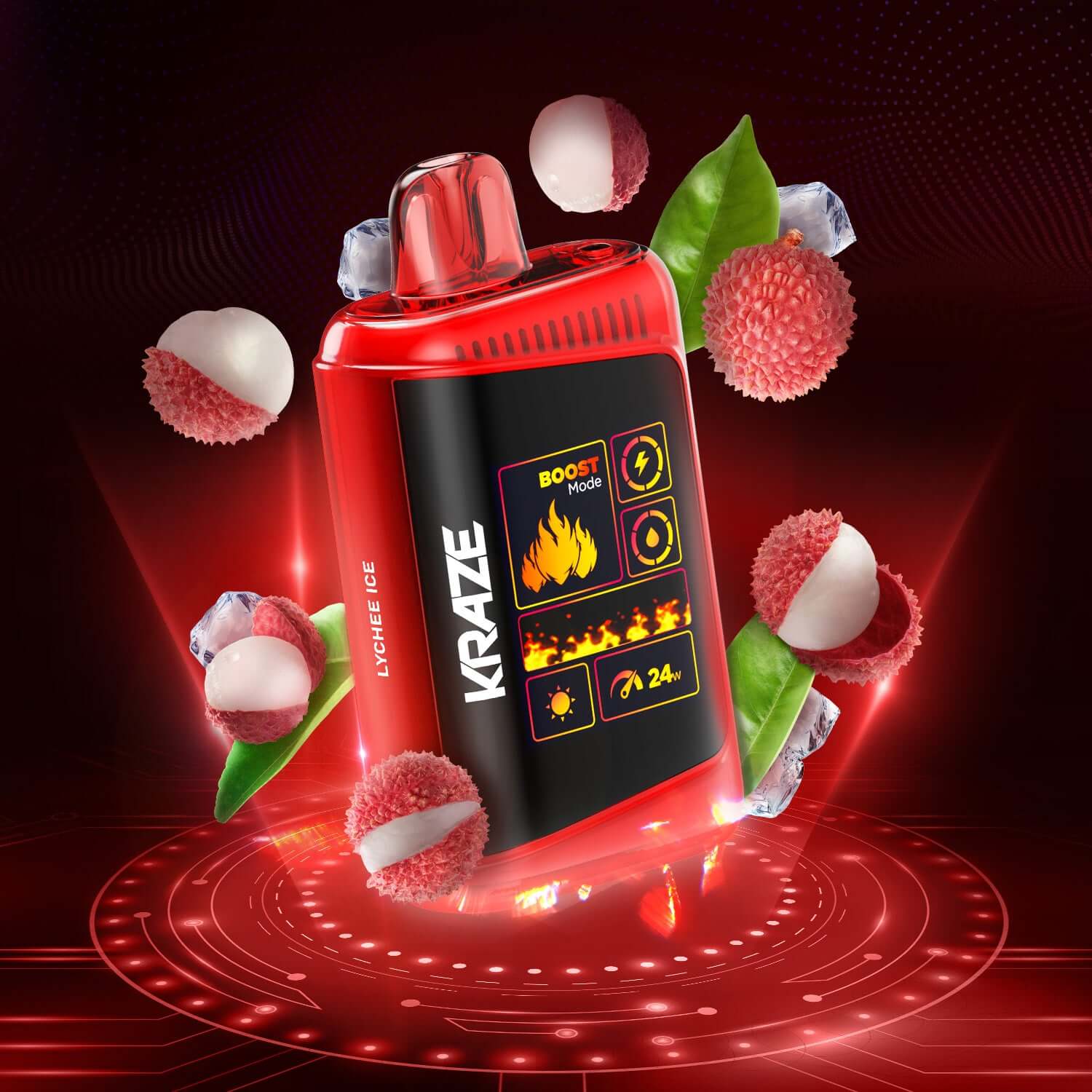 KRAZE HD Mega, Lychee Ice flavour disposable vape, 800mAh rechargeable battery, adjustable airflow for customizable vaping, ideal for Ontario and Quebec users.