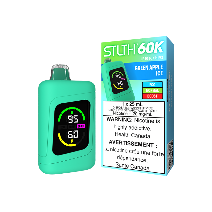 STLTH 60K Disposable, Green Apple Ice flavour, user-friendly display, fast USB Type-C charging, ideal for Ontario and Quebec vapers.