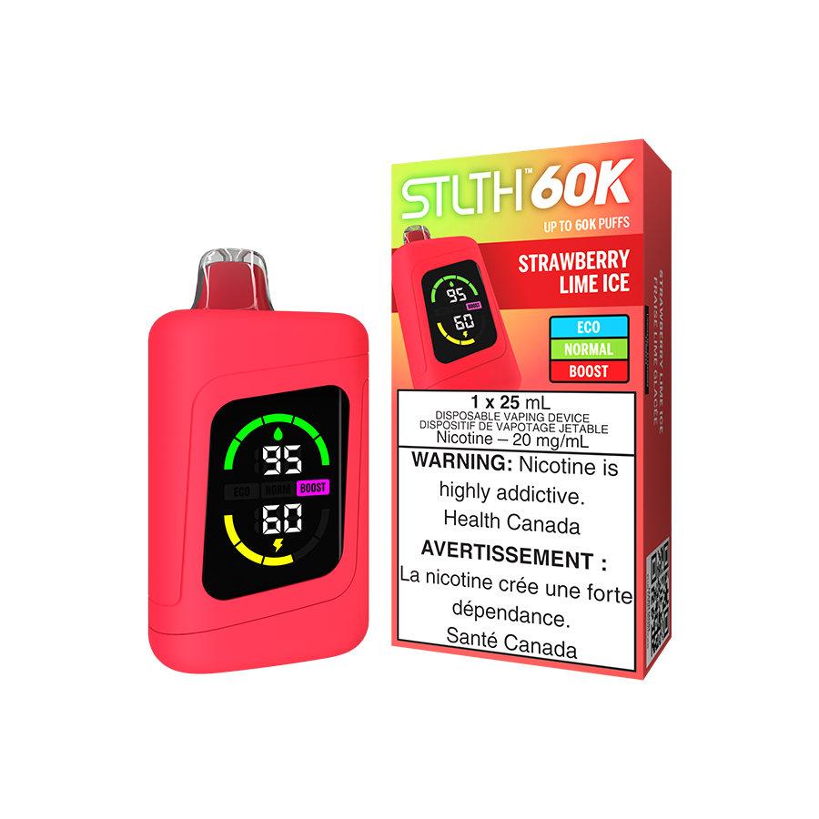 STLTH 60K Disposable, Strawberry Lime Ice flavour, fast USB-C charging, reliable battery and e-liquid level display, designed for Ontario and Quebec vapers.