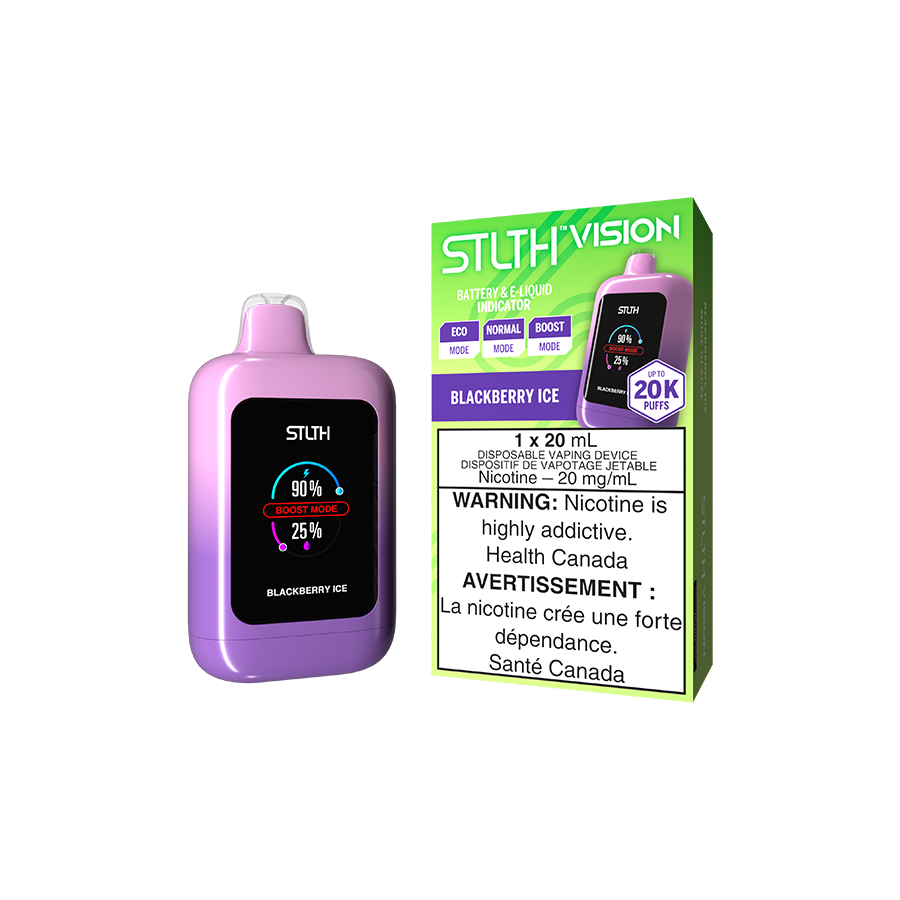 STLTH Vision 20K, Blackberry Ice flavour disposable vape with up to 20,000 puffs, adjustable airflow, and three power modes, designed for Ontario and Quebec vape enthusiasts.