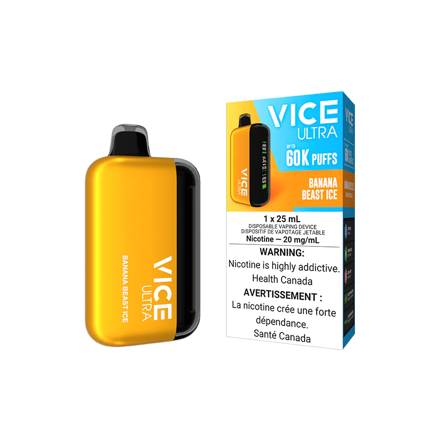 VICE Ultra, Banana Beast Ice flavor, rechargeable vape with 60,000 puffs, customizable vaping experience, features LED screen, designed for Ontario and Quebec vapers.