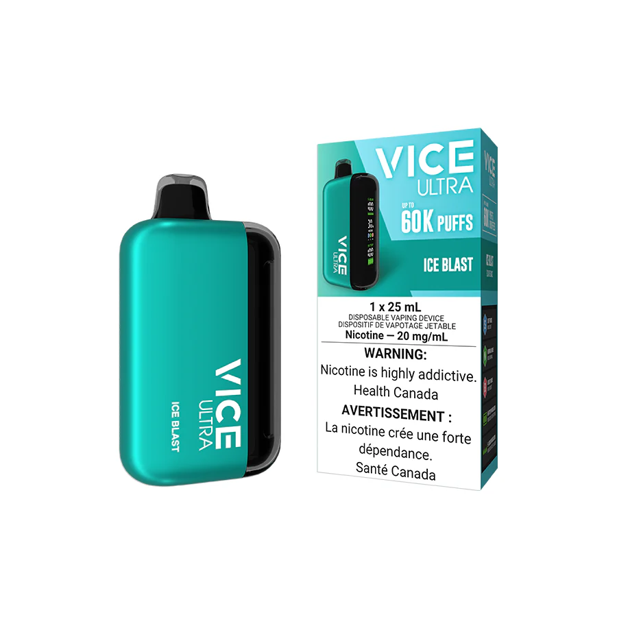 VICE Ultra Ice Blast flavour rechargeable vape, 60,000 puffs, adjustable airflow and three output modes for tailored vaping sessions in Ontario and Quebec.