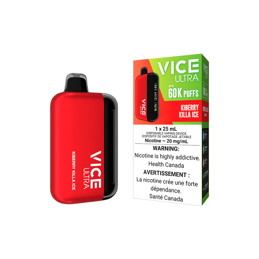 VICE Ultra, Kiberry Killa Ice flavour, rechargeable vape with customizable output modes, delivers up to 60,000 puffs, designed for Ontario and Quebec vape enthusiasts.