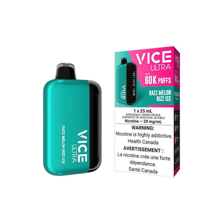 VICE Ultra, Razz Melon Rizz Ice flavour, customizable boost modes, long-lasting 60,000 puffs, intense and refreshing vape, designed for Ontario and Quebec vapers.