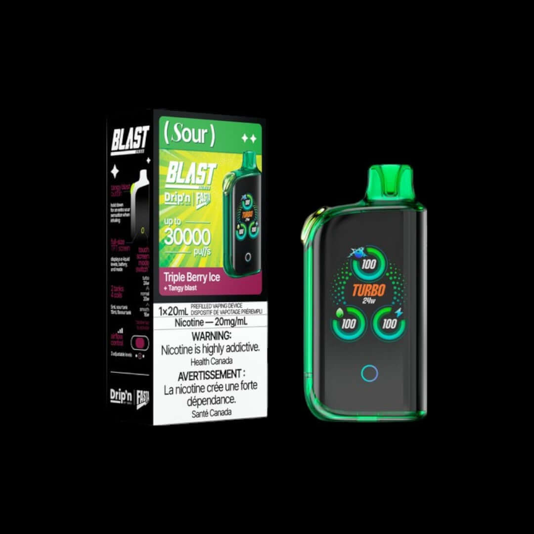 DRIP'N Fasta Blast 30K Sour Series, Sour Grape Ice flavour, refreshing icy sour vape experience, ideal for Ontario and Quebec vape enthusiasts.