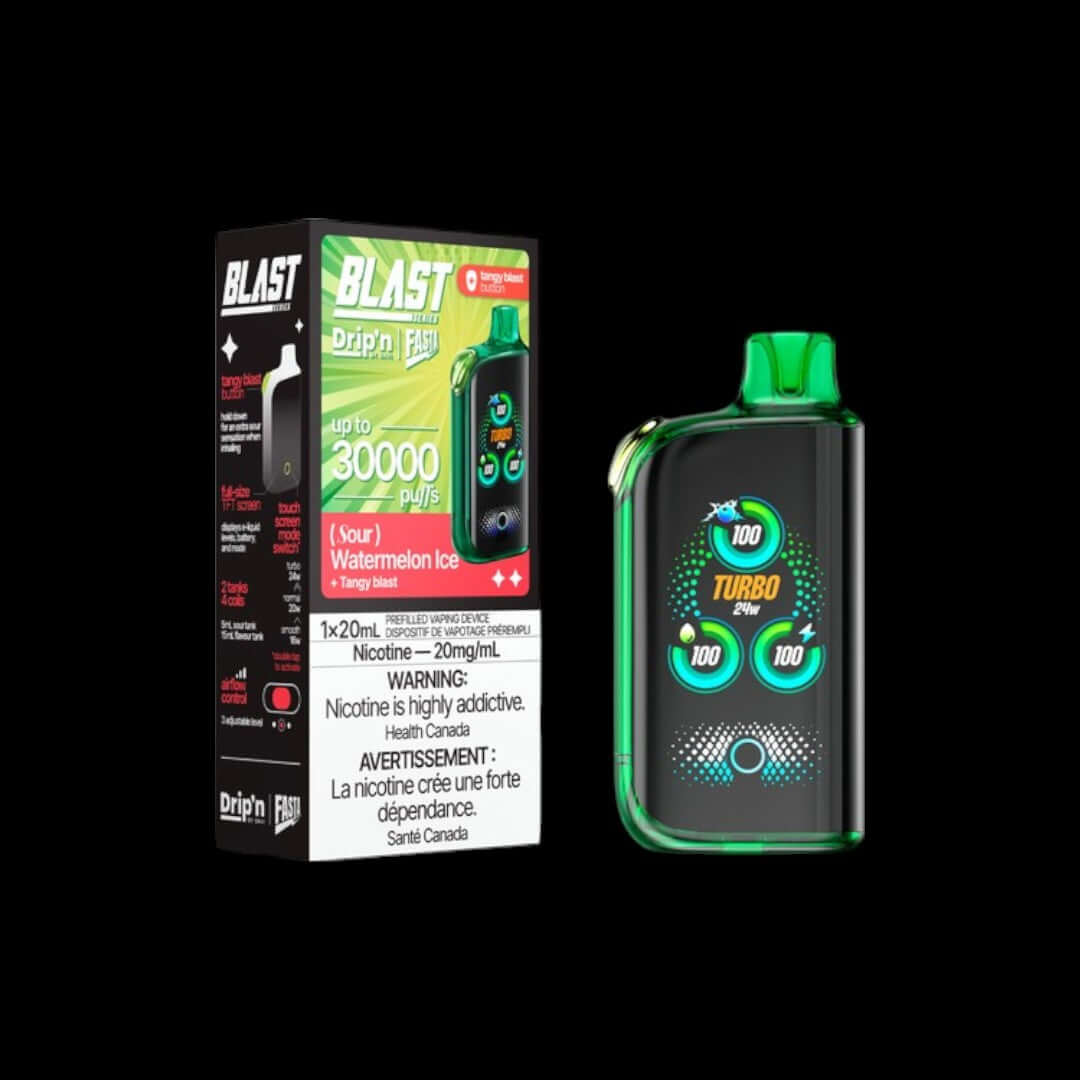 DRIP'N Fasta Blast 30K Sour Series, Sour Watermelon Ice flavour, 30,000 puffs disposable vape with adjustable cooling and airflow, long-lasting, ideal for Ontario and Quebec vape enthusiasts.