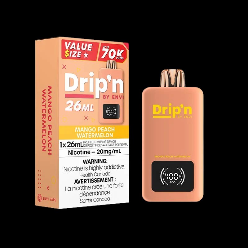 DRIP'N by Envi 26mL Disposable, Peach Blue Razz Ice flavour, 20mg/mL nicotine, rechargeable dual-mode disposable vape delivering smooth and flavourful hits, designed for Ontario and Quebec vapers.